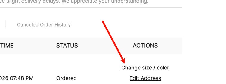 Change size / color in the actions column in My Orders